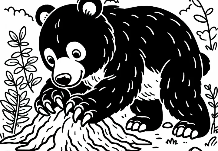 Azijska črna medvedka koplje z kremplji po tleh – brezplačna predloga za barvanje