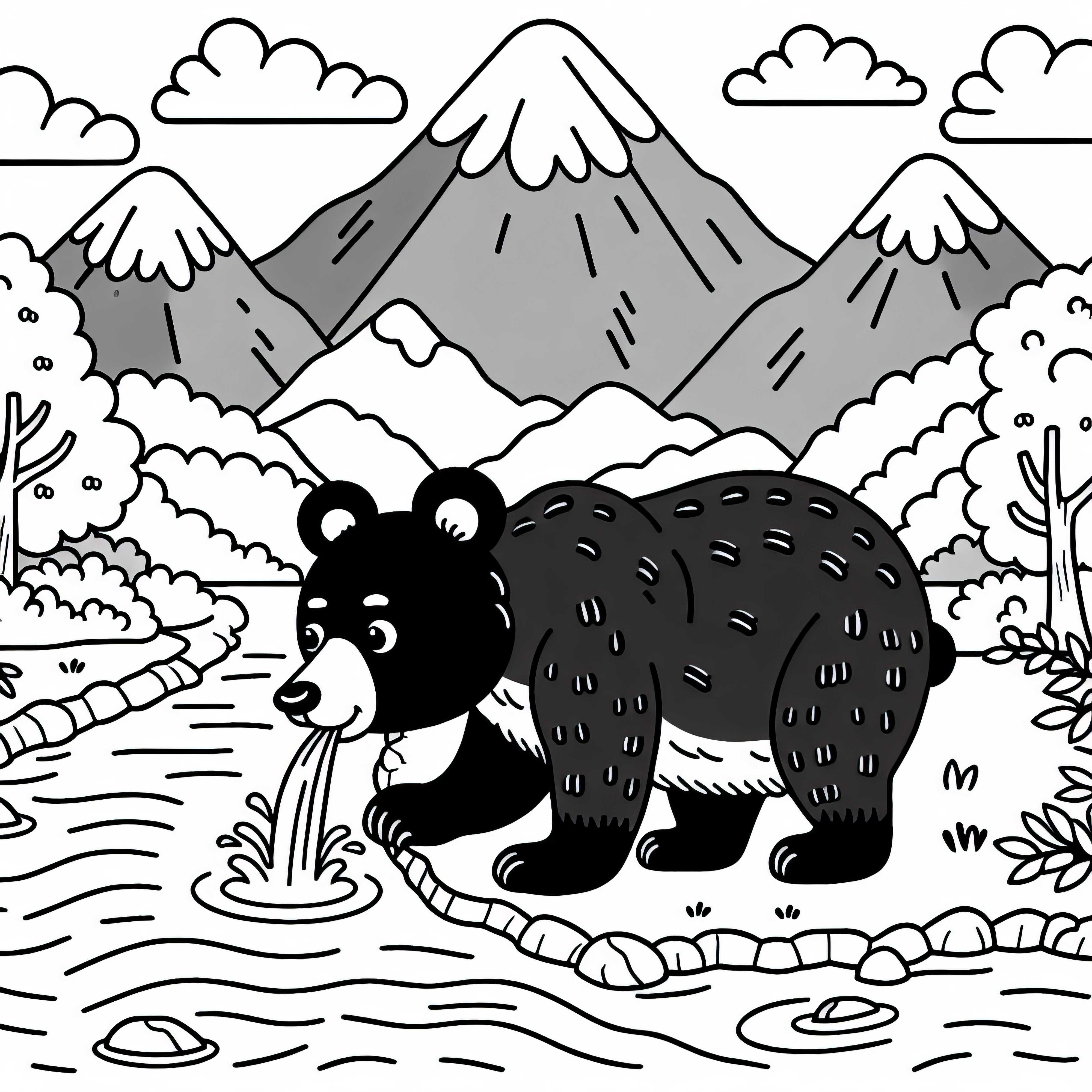 Urso negro asiático bebendo de um rio montanhoso - Desenho para colorir gratuito
