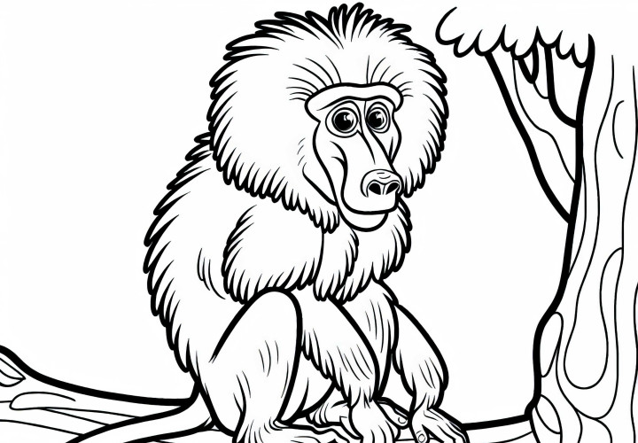 Ein Pavian sitzt auf einem Baum – Ausmalbild gratis