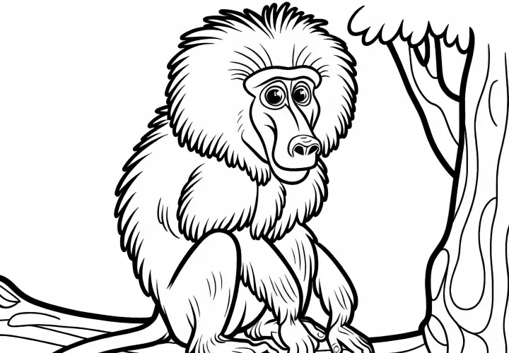 Egy pávián ül egy fán – Ingyenes színezőoldal