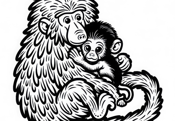 Pavianbaby klammert sich an das Fell seiner Mutter – Ausmalbild kostenlos