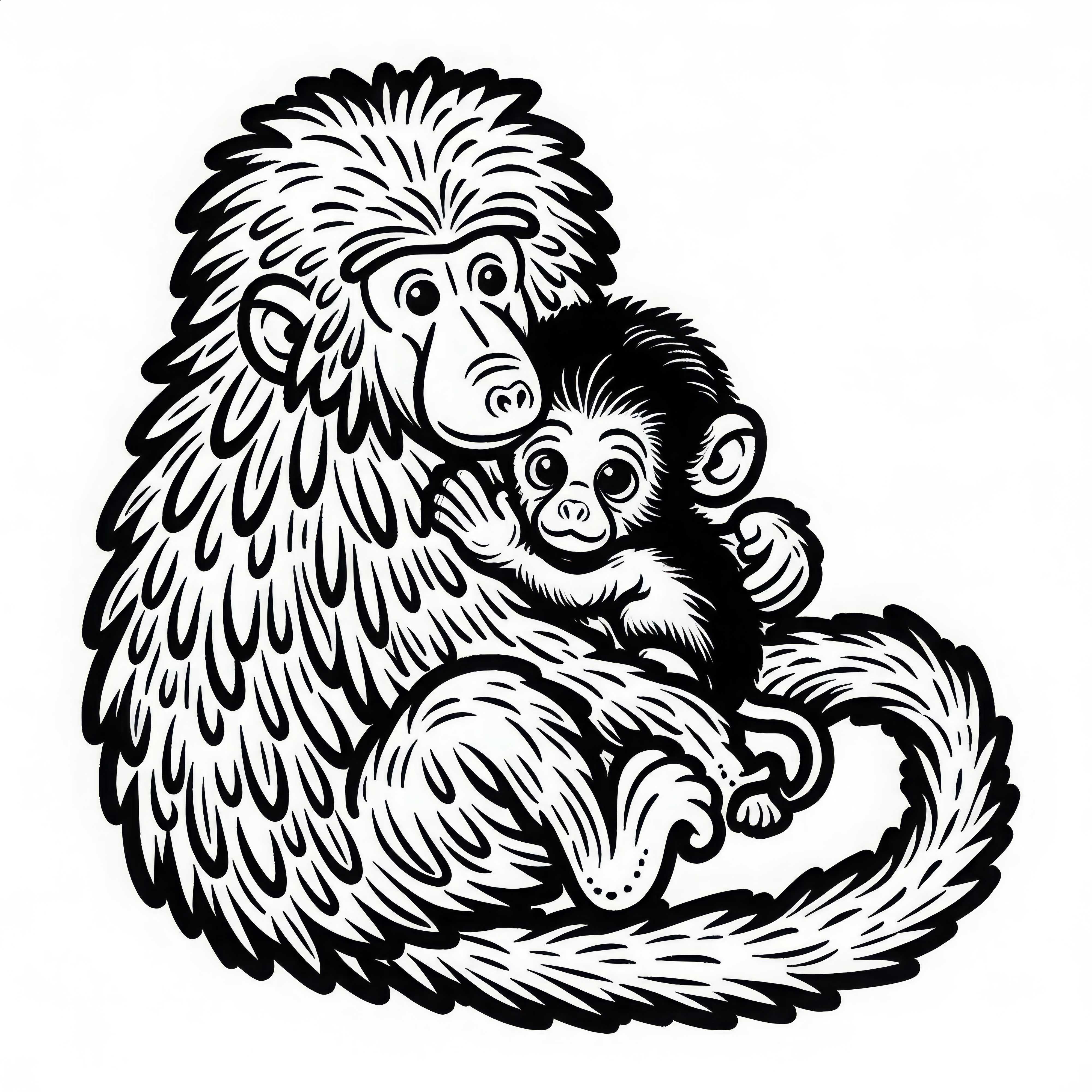 Pavianbaby klammert sich an das Fell seiner Mutter – Ausmalbild kostenlos