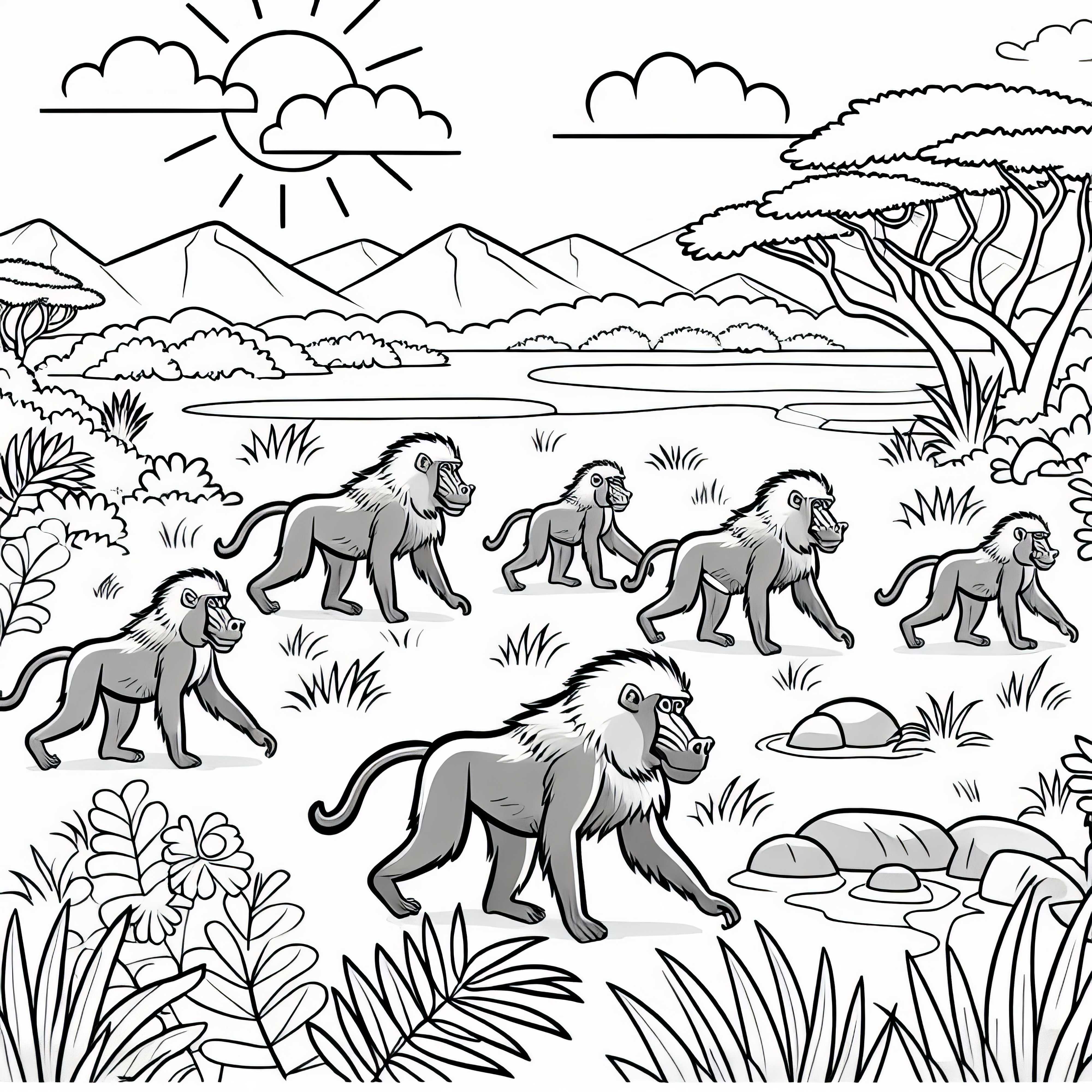Pavianherde durchstreift die Savanne – Malvorlage gratis