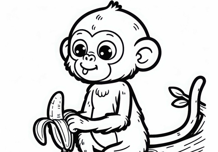 Un siamang est assis sur la branche et mange une banane - Dessin à colorier gratuit