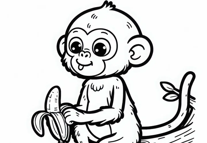 Kratkorepa opica sedi na veji in je poje banano – barvna slika brezplačno