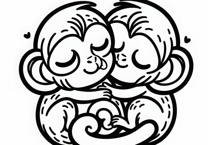 Les singes à queue courte se blottissent les uns contre les autres – Modèle de coloriage gratuit