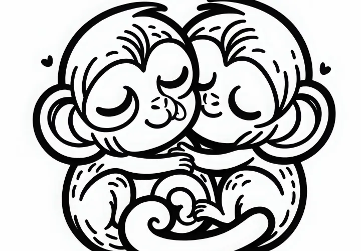 Kratkohrišljavi opici se stiskajo drug k drugemu – brezplačna barvna predloga