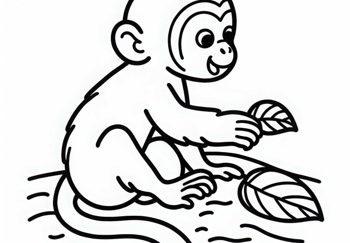 Le singe à queue courte joue avec une feuille – Dessin à colorier simple et gratuit