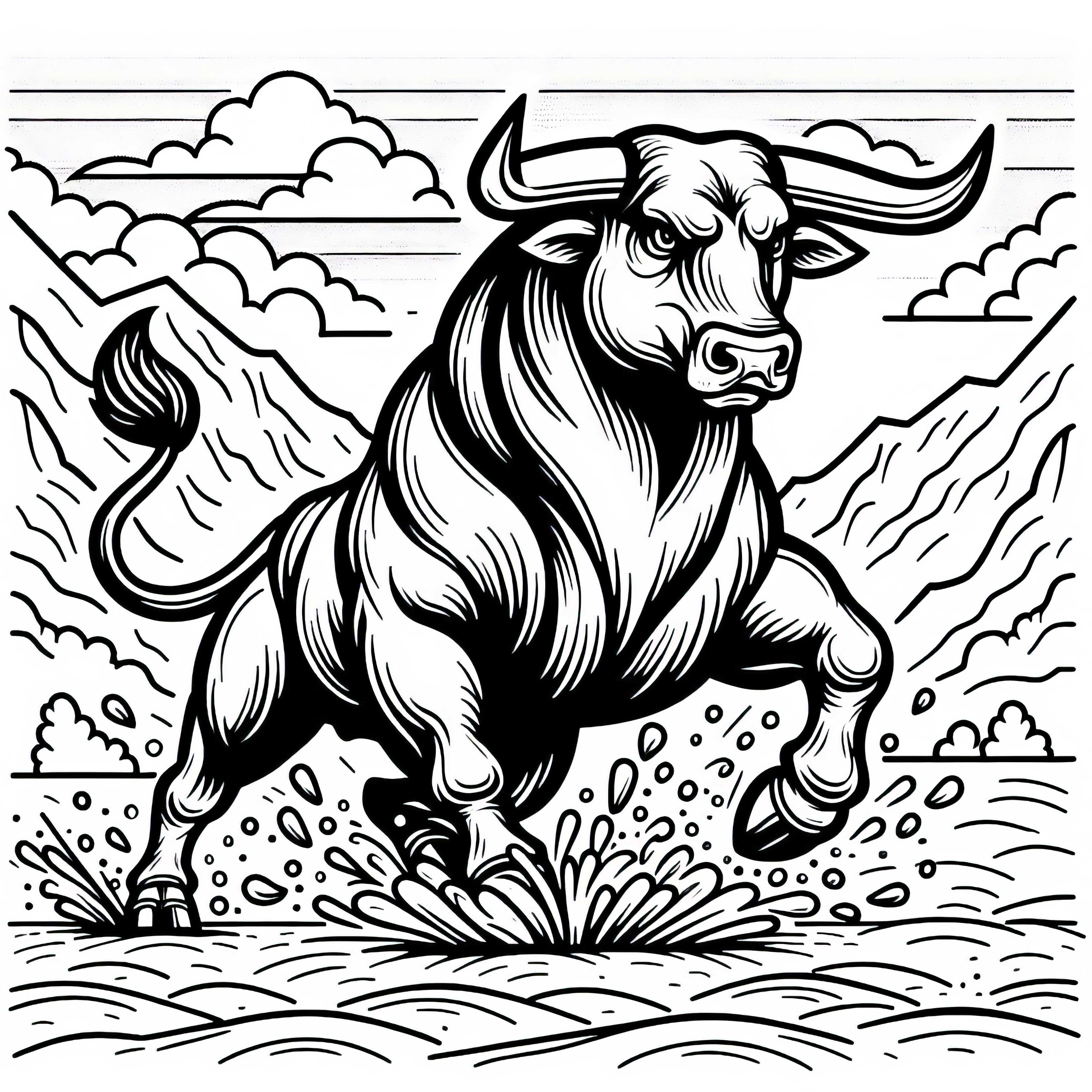Strong bull paws the ground - free coloring template Strong bull paws the ground – Free coloring page
