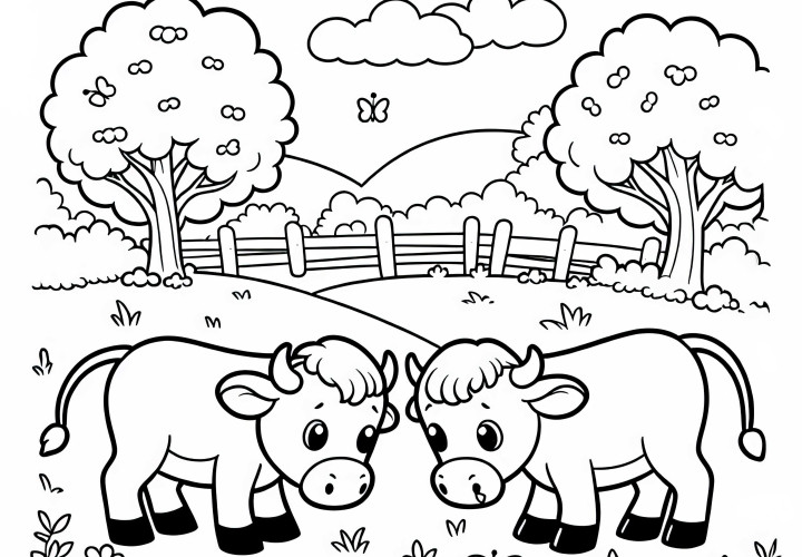 Dva býci stojí naproti sobě na louce – omalovánka jednoduše zdarma