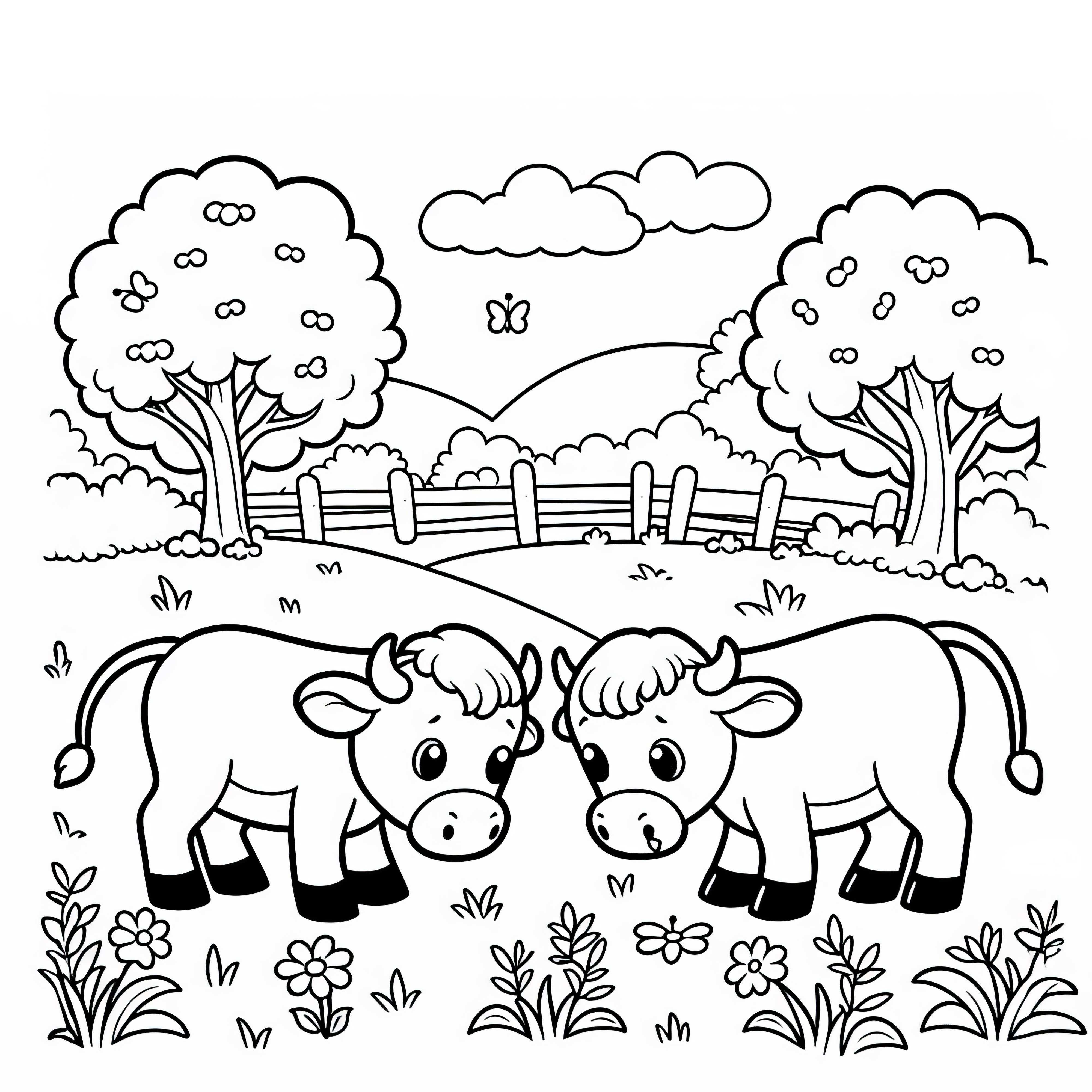 Two Bulls Stand Opposite Each Other in the Meadow - Coloring Page Simple Free Two Bulls Face Each Other in a Pasture – Simple Free Coloring Page