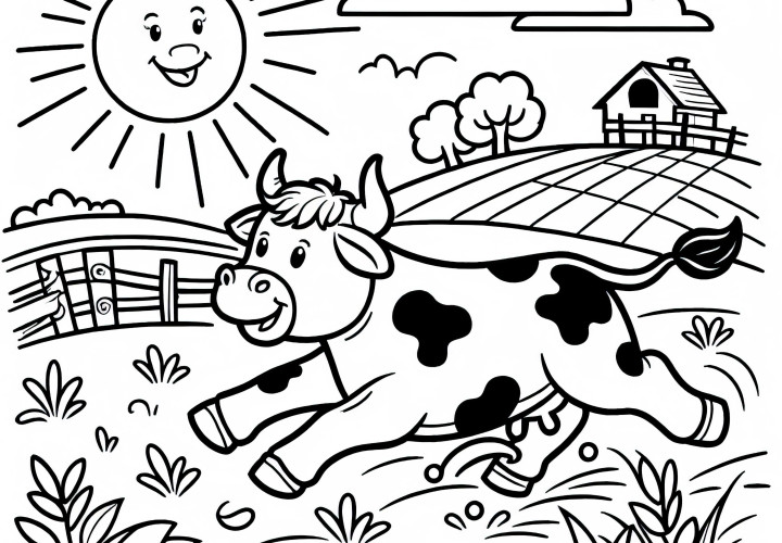 Bulle läuft durch sonniges Feld – Malvorlage gratis