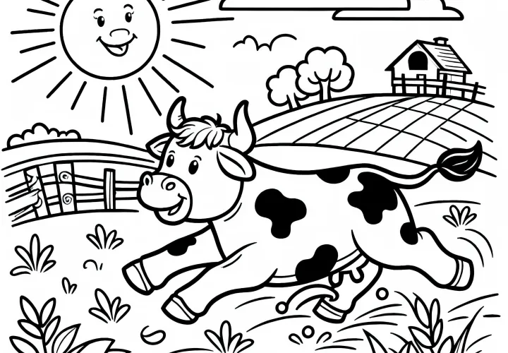 Бык гуляет по солнечному полю – бесплатный раскраска
