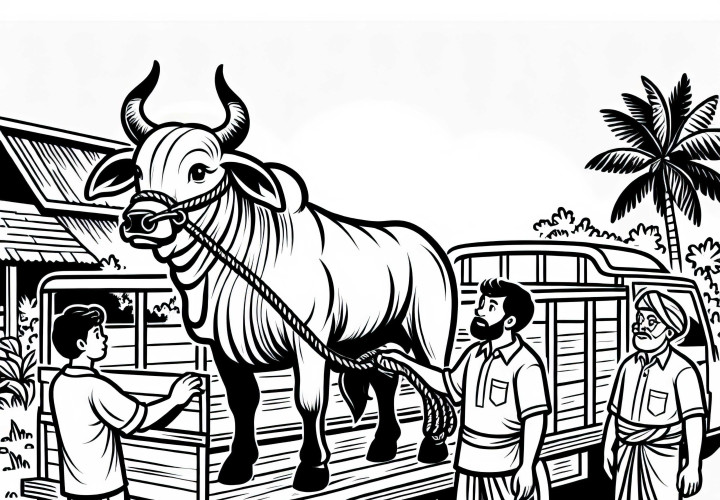 Bull led by farmer onto trailer - Free coloring page