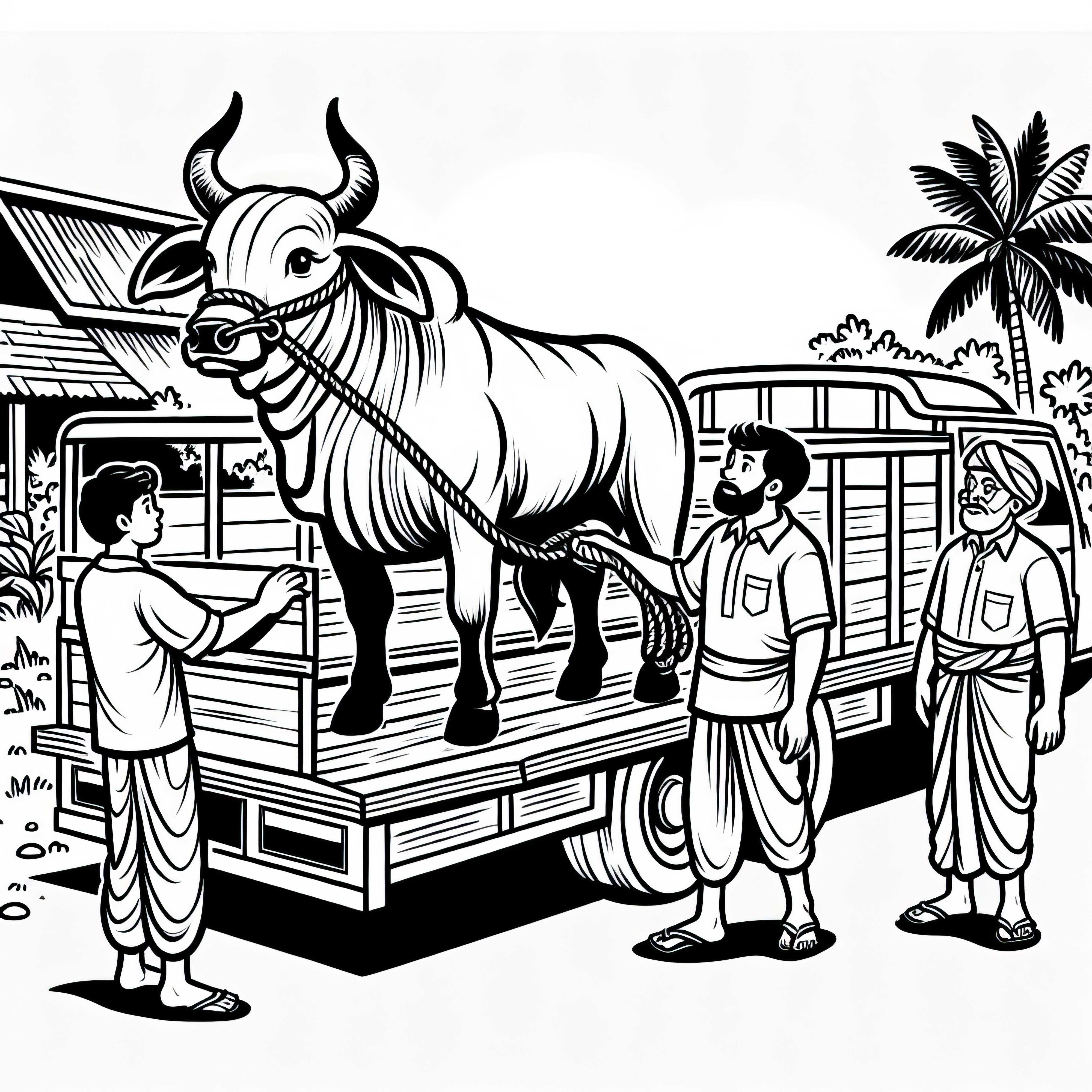 Boğa çiftçiler tarafından römorkta taşınır - Ücretsiz boyama şablonu