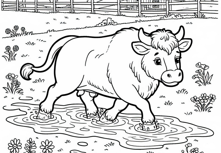 Bull leisurely trots through muddy pasture - Free coloring page