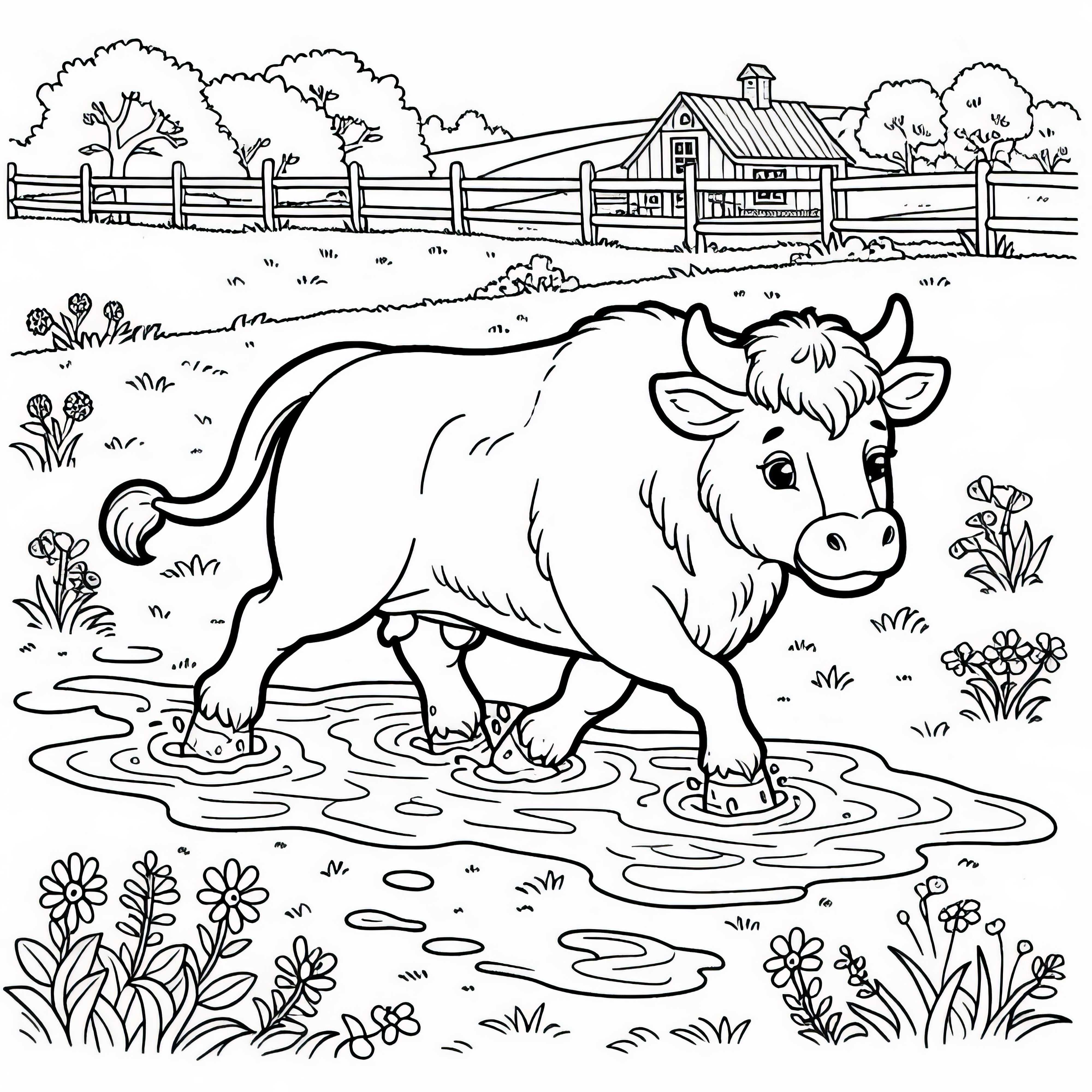 Býk sa uvoľnene prechádza po blatom pokrytej lúke – Maľovanka zadarmo
