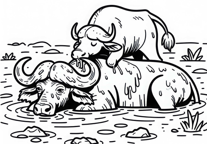 Kaffir bull takes a bath in a waterhole – Free coloring page