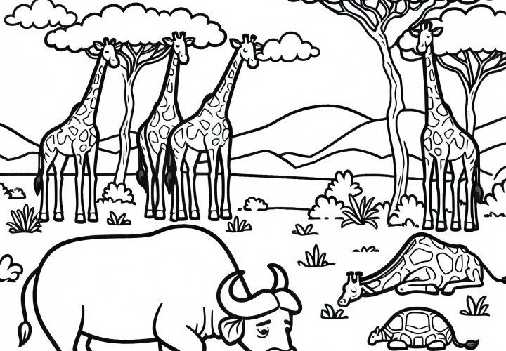 Cape buffalo grazes peacefully next to giraffes - Free coloring page