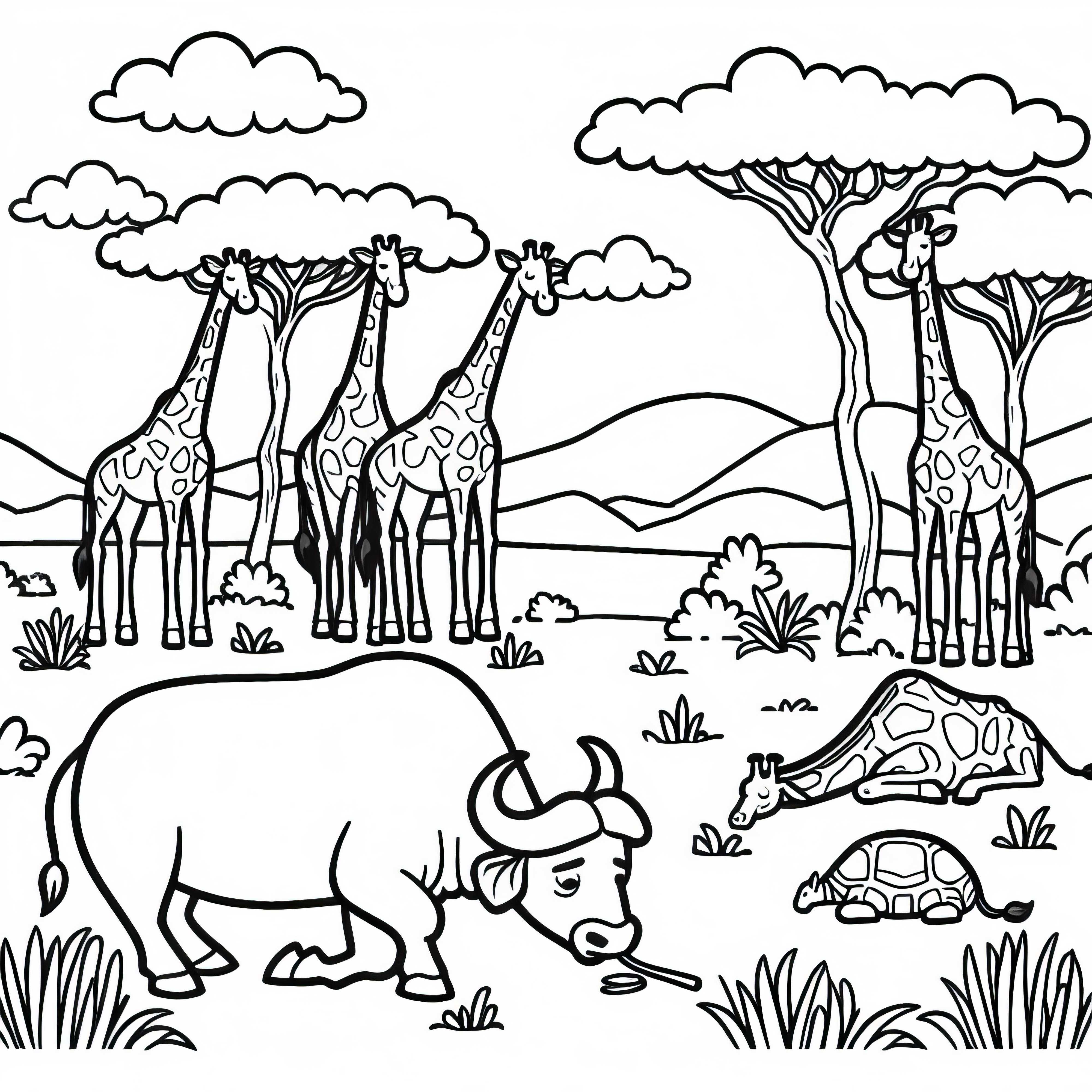 카프흐 버팔로가 기린 옆에서 평화롭게 풀을 뜯고 있는 그림 - 무료 핸드아웃