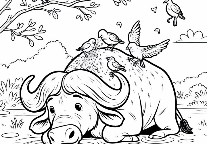 Cape buffalo being cleaned by birds on its back - Free coloring page