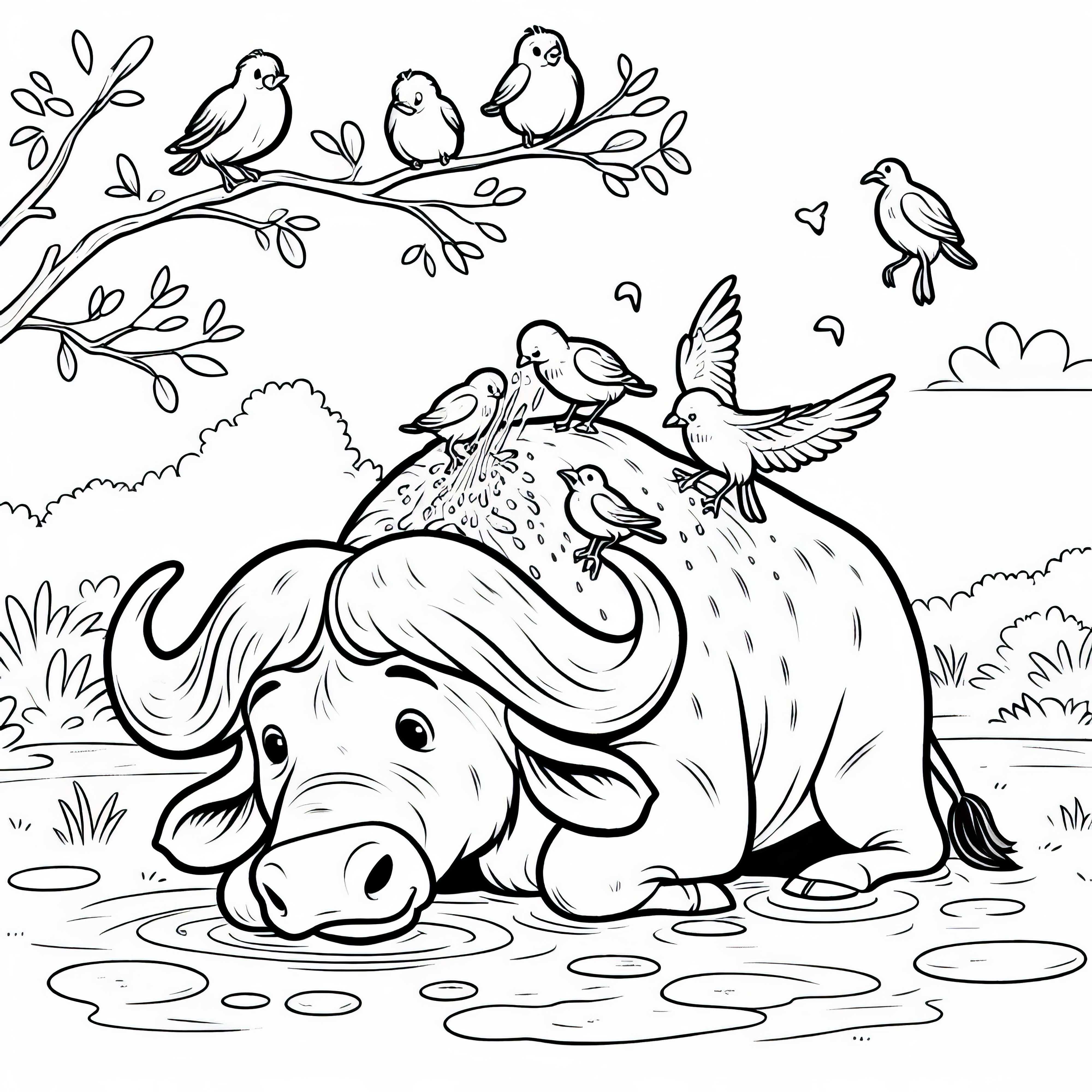 카프렌 버펄로는 등의 새들에 의해 청소됩니다 - 무료 색칠하기 그림 카프렌 버팔로가 등에 앉은 새들에 의해 청소된다 - 무료 색칠하기 그림