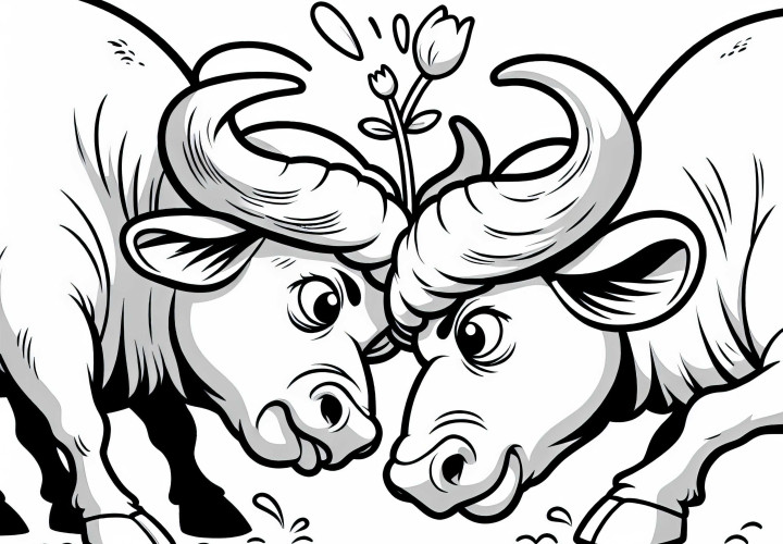 Two Cape buffaloes ram against each other – Free coloring page