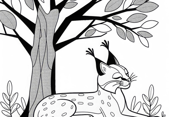 Karakal est à l'ombre d'un arbre - coloriage gratuit