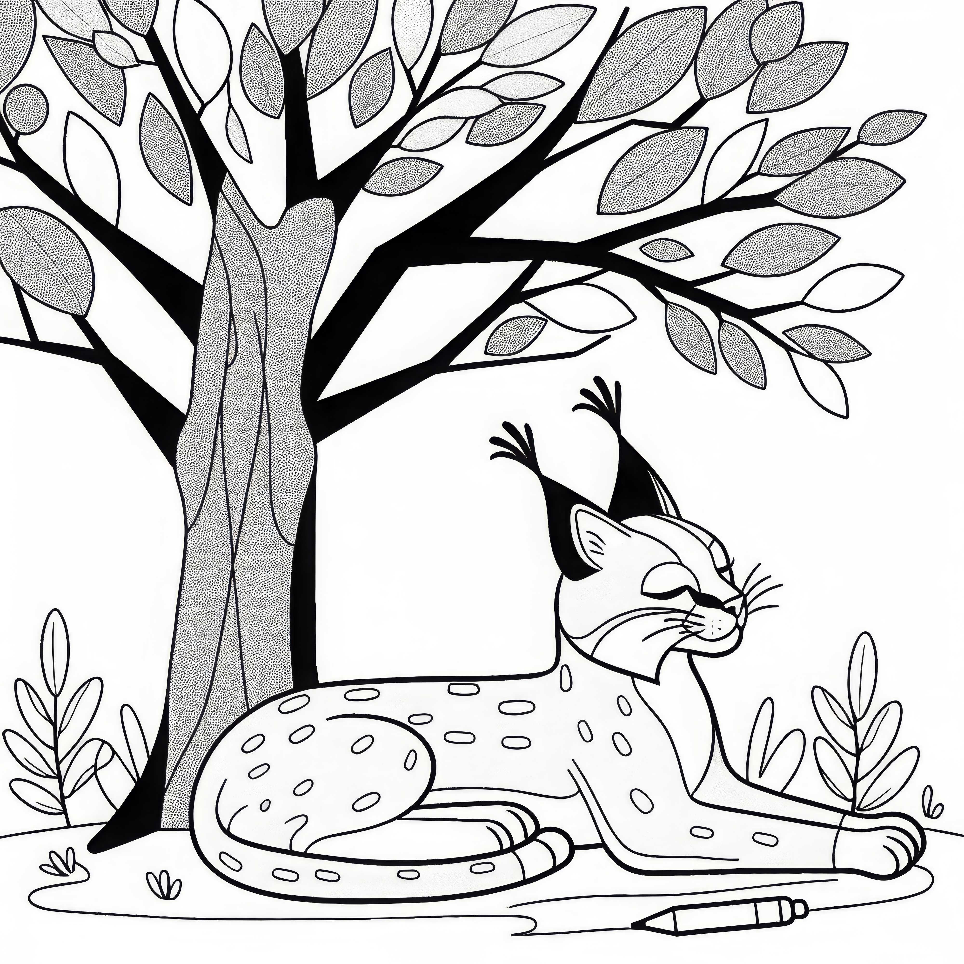 Karakal est à l'ombre d'un arbre - coloriage gratuit Karakal est à l'ombre d'un arbre - Modèle de coloriage gratuit