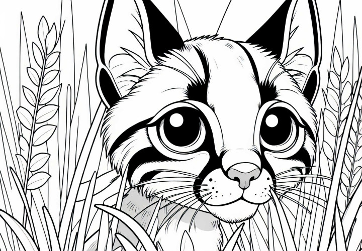 Le Karakal épie à travers l'herbe haute - Image à colorier gratuite