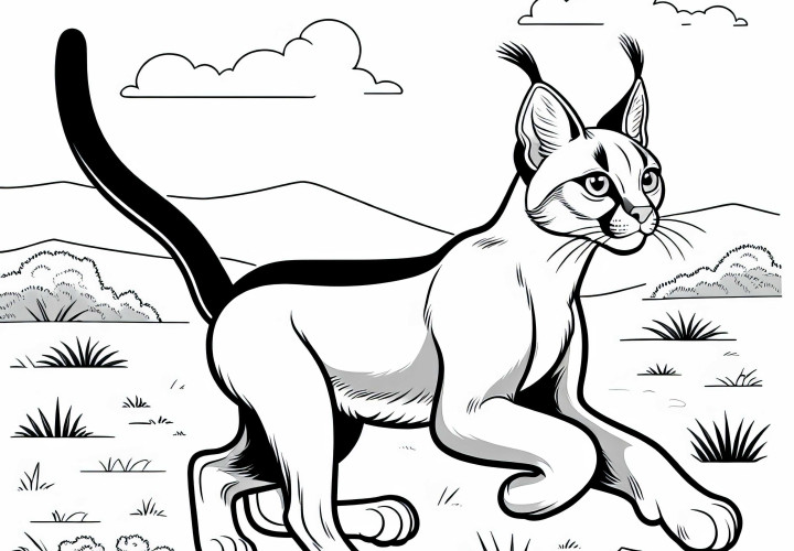 Le Karakal court élégamment à travers la savanne - coloriage gratuit