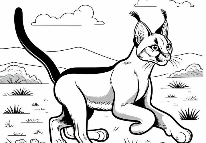Каракал элегантно бежит по саванне - раскраска бесплатно