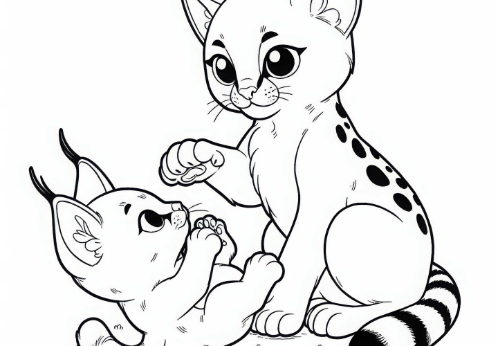 Karakalbaby joue avec sa mère - Télécharger le coloriage gratuitement