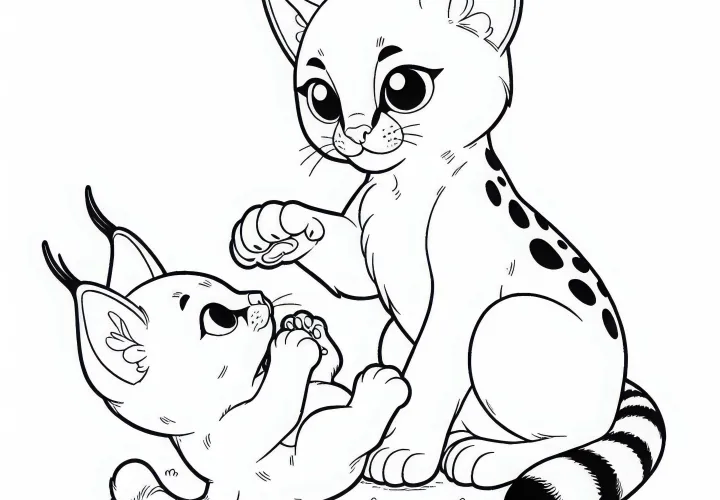 Каракалёнок играет с мамой - бесплатная раскраска для скачивания