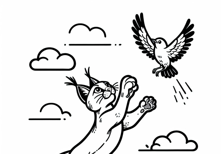 Karakal saute haut dans les airs pour attraper un oiseau – Dessin à colorier gratuit