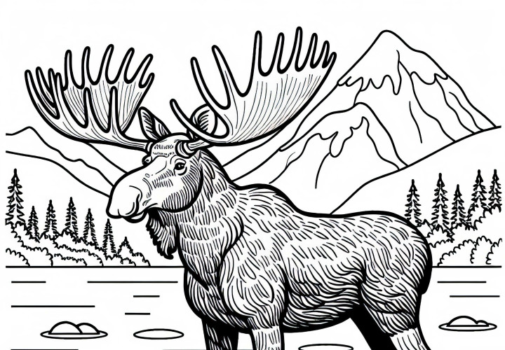 Mighty moose with big antlers at the edge of a lake – Free coloring page