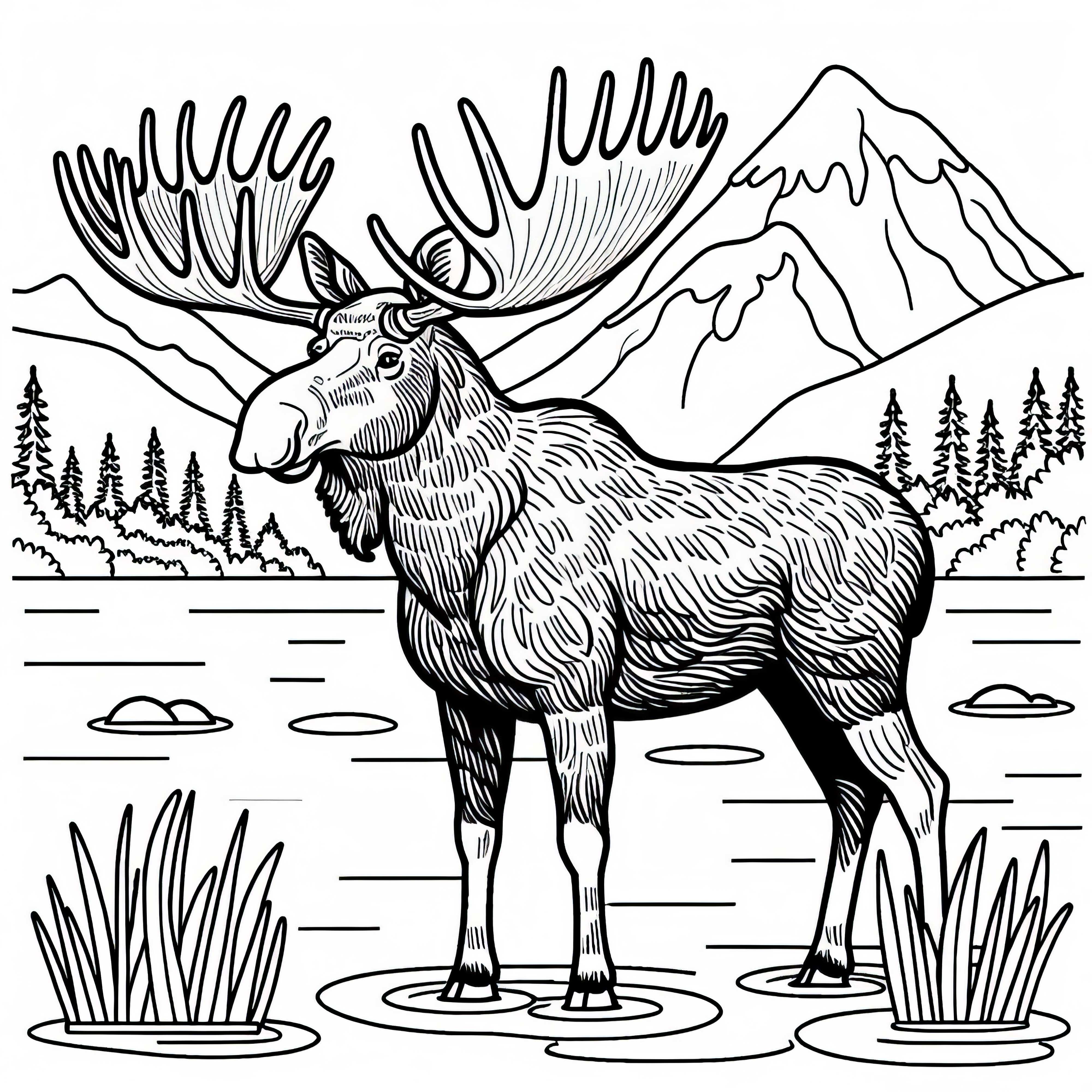 Mighty moose with big antlers at the edge of a lake – Free coloring page Powerful moose with large antlers at the edge of a lake – Free coloring page