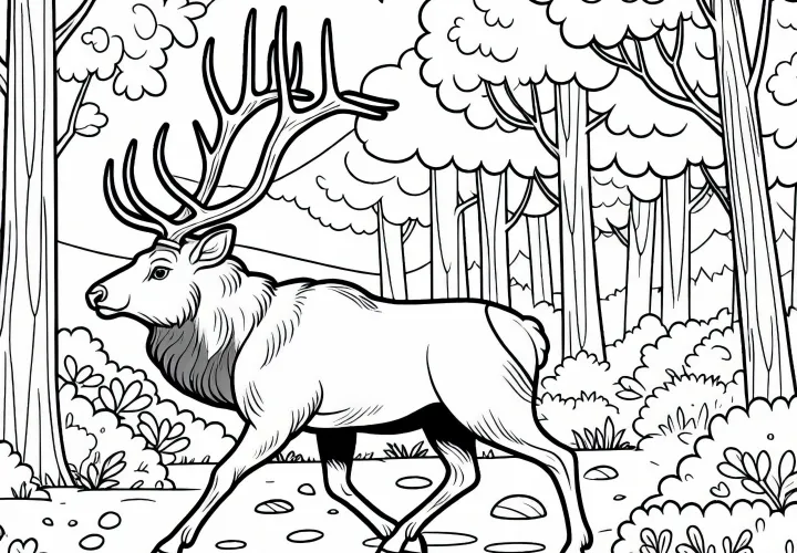 Лось бродит по осеннему лесному ландшафту - бесплатная раскраска