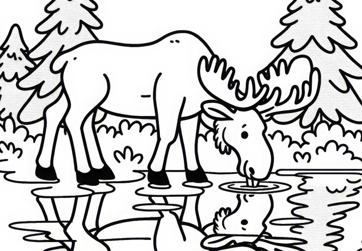 Moose drinking from river - Coloring page simple free