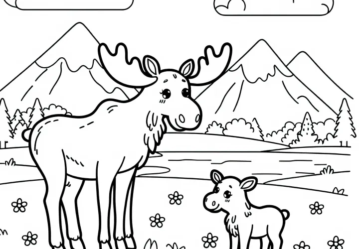 Мать лося стоит с оленёнком на лужайке – бесплатный раскраска