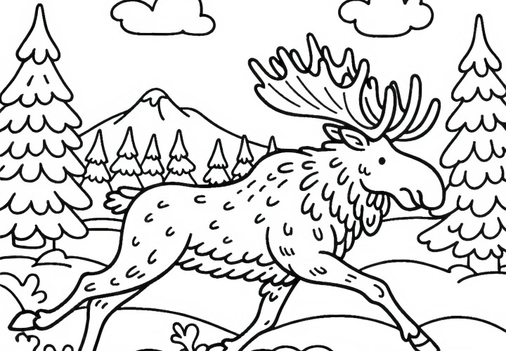 Moose trotting across a snow-covered clearing - Download coloring page for free