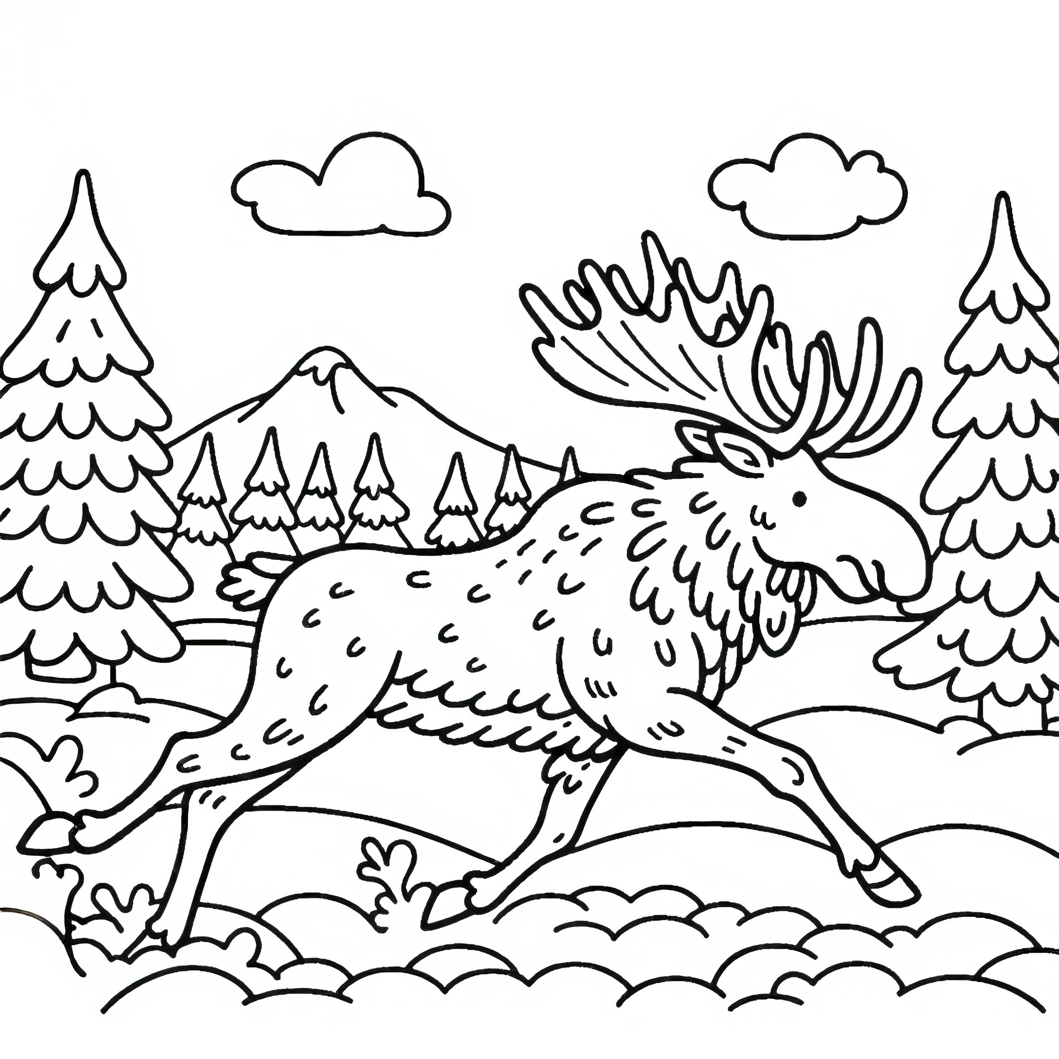 Moose trotting across a snow-covered clearing - Download free coloring page