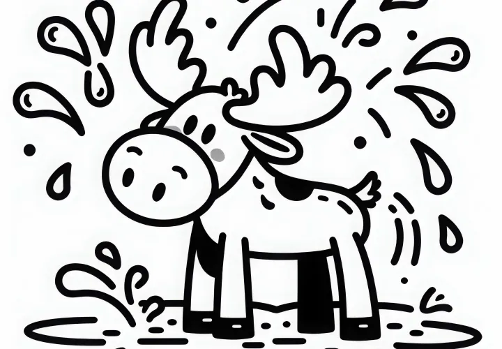 Лось трясет головой, и капли воды брызгают с рогов – простая раскраска