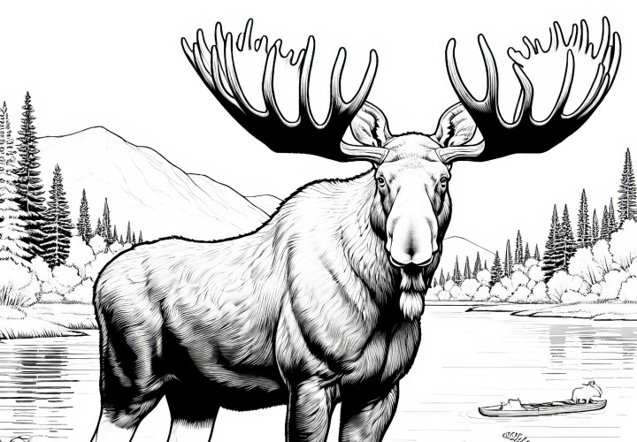 Powerful moose with large antlers at the edge of a lake - detailed coloring page for free