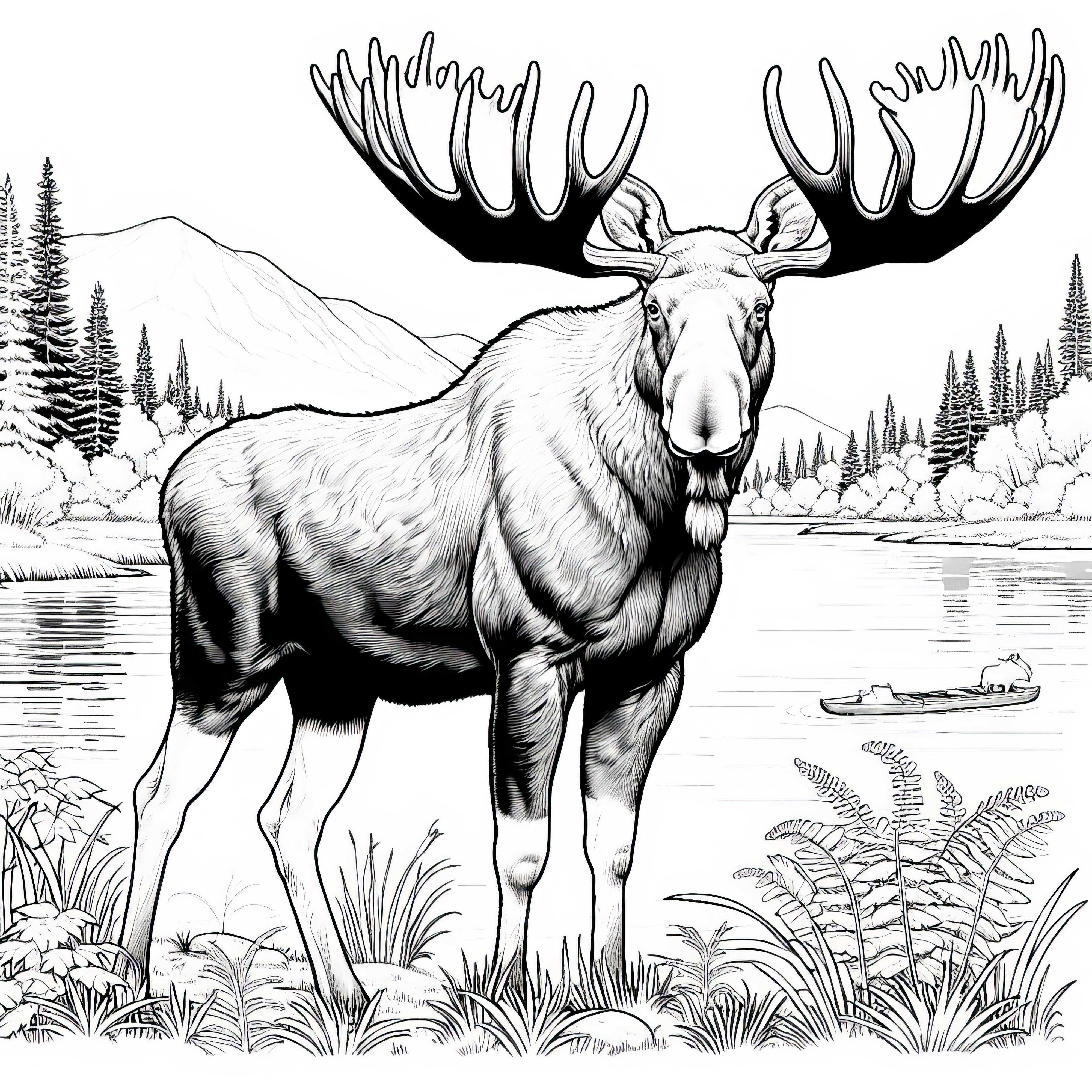 Mighty moose with large antlers at the edge of a lake - detailed coloring page for free Powerful moose with large antlers at the edge of a lake - detailed coloring page for free