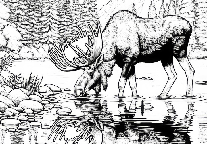 Moose drinking from a river during coloring page - detailed and free