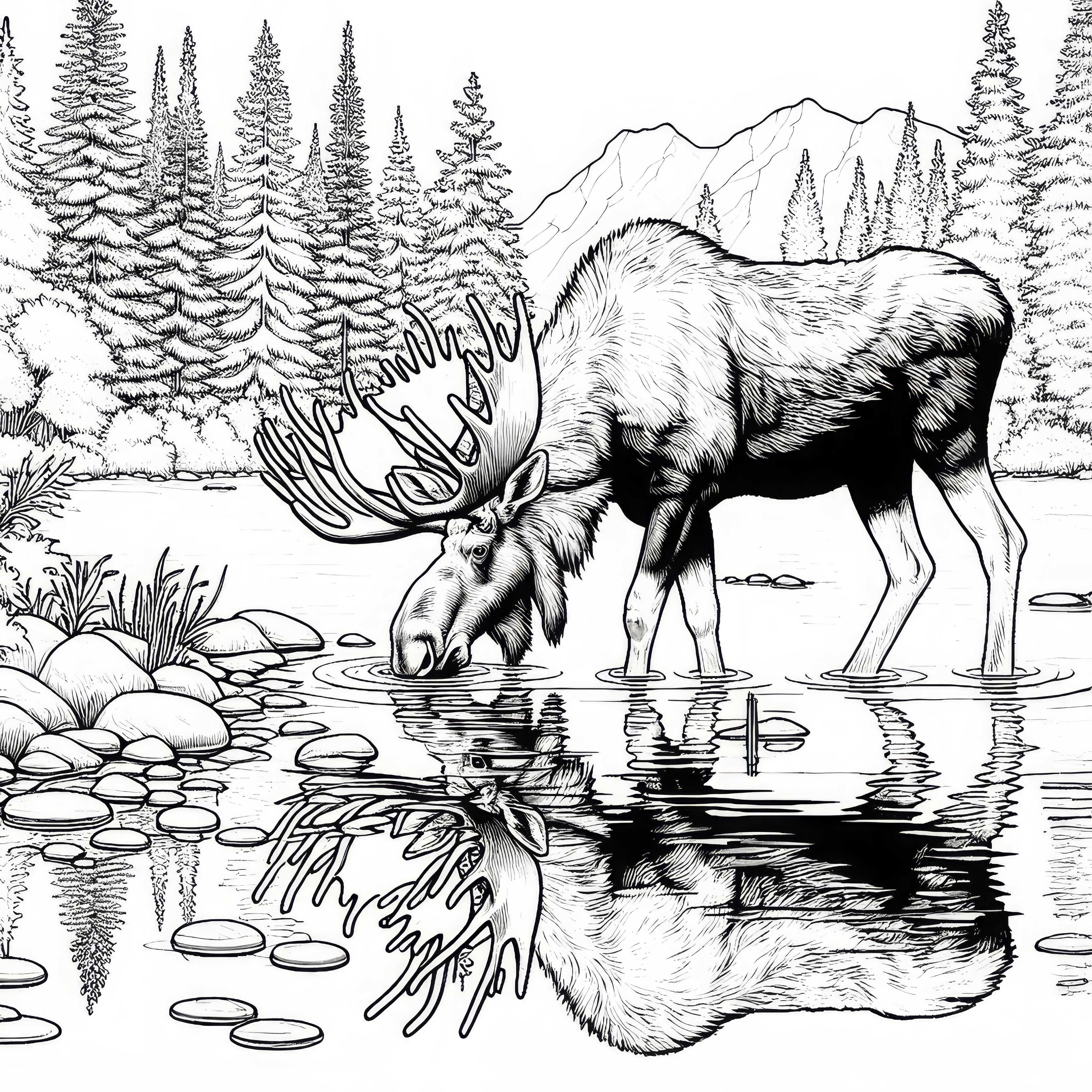 Moose drinking from river while coloring page - detailed and free