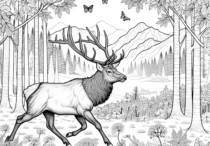 Олень бродит по осеннему лесу – подробная раскраска бесплатно