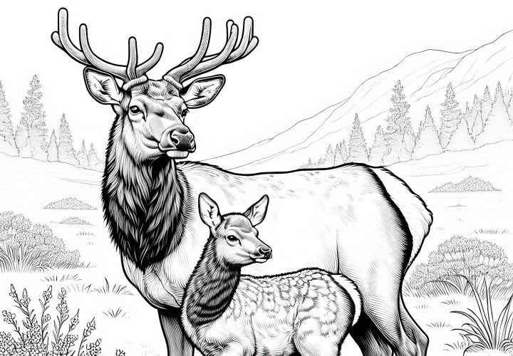 Moose mother stands with calf on meadow – Detailed coloring page available for free