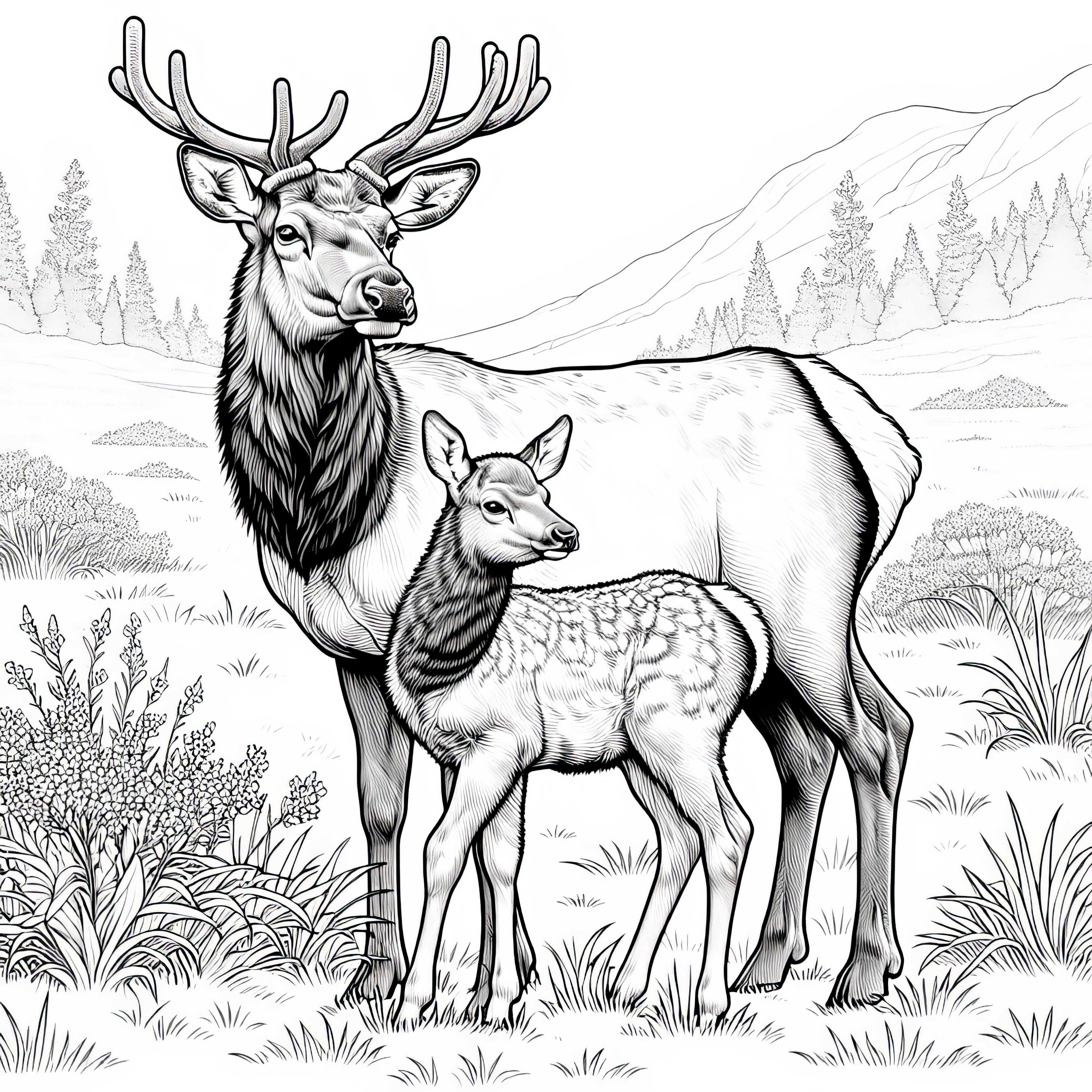 エルクの母親が子牛と一緒に草原に立っている – 詳細な塗り絵無料 母エルクが子牛と一緒に草原に立っている - 詳細な塗り絵画像 無料